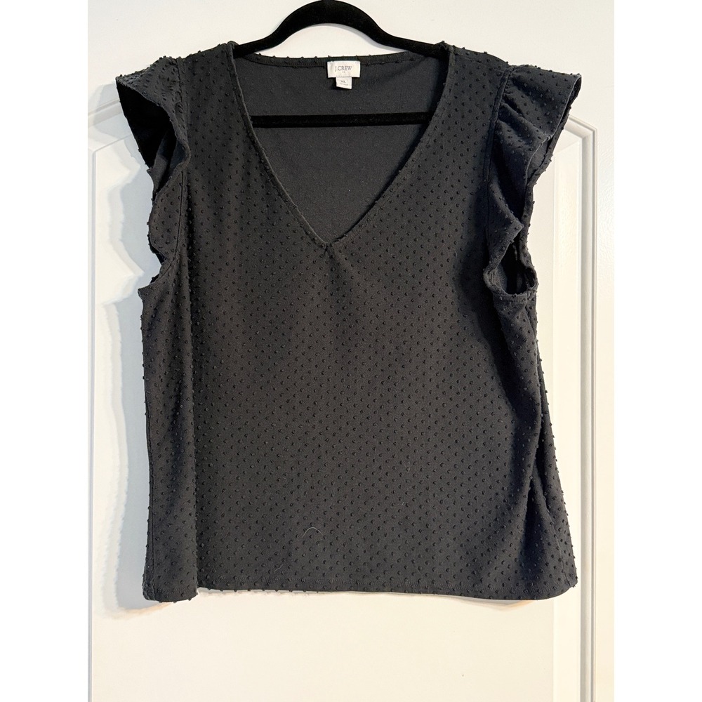 J.Crew Top XL Black Clip Dot Flutter Sleeve V-Neck Blouse Texture Preppy Chic